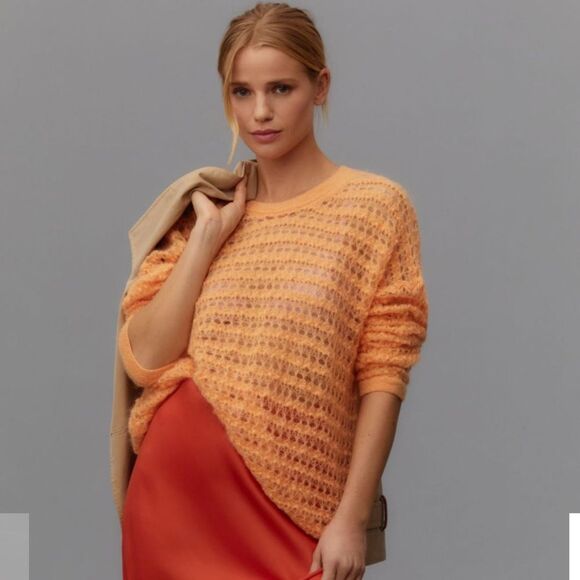 Anthropologie Open Stitch Pullover Sweater Sz L Orange Oversized Coastal Beachy - Picture 1 of 13